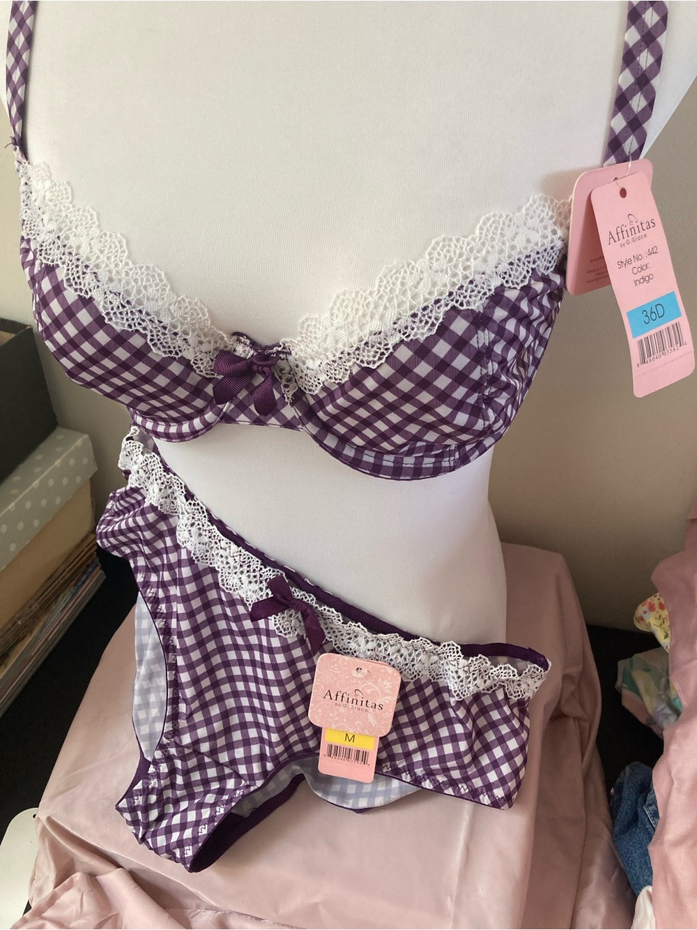 Affinitas Purple Gingham Lace Trim 36D Bra unlined & medium Panty Set 442 & 445